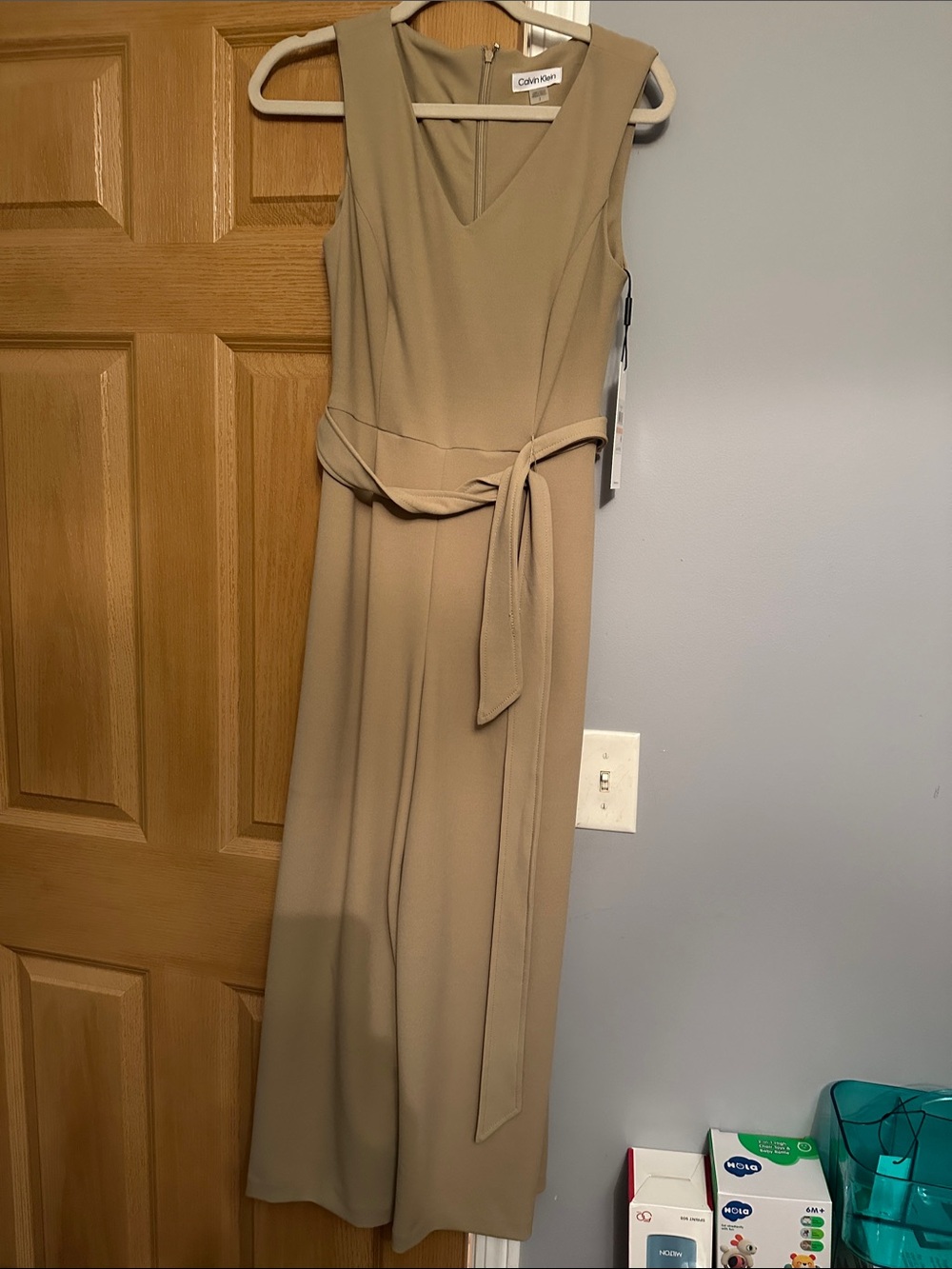 Calvin Klein Sleeveless V-Neck Midi Dress in Beige with Waist Tie